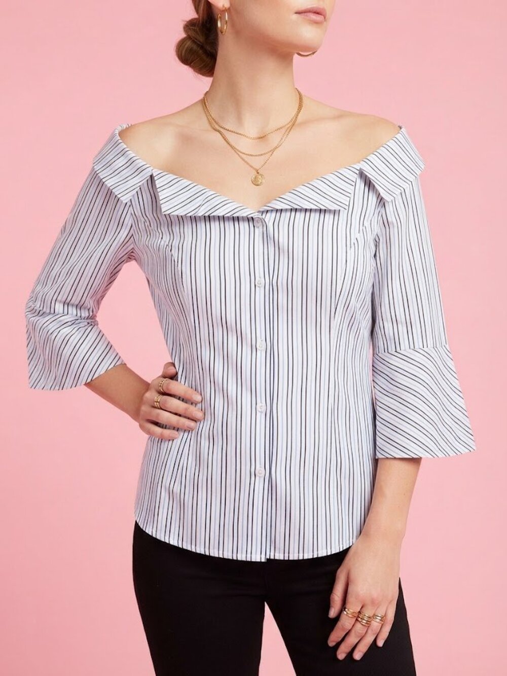 Hilary Radley White & Blue Striped Off-Shoulder Button-Down Top